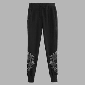 BLVCK Paris Women's Size S Roses Sweats Black Embroidered Streetwear Cozy Pants